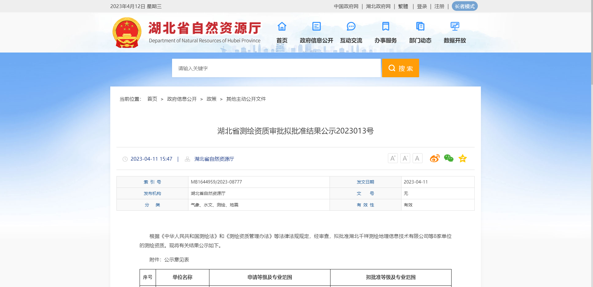 [湖北省]测绘资质审批拟批准结果公示2023013号